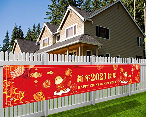 HOWAF Long Red Fabric Banner for Chinese New Year Party Decoration, 2021 Ox Chinese Welcome Porch Sign Banner for Indoor Outdoor Hanging Decoration Chinese Spring Festival, 70.8*11.8 inch, with String