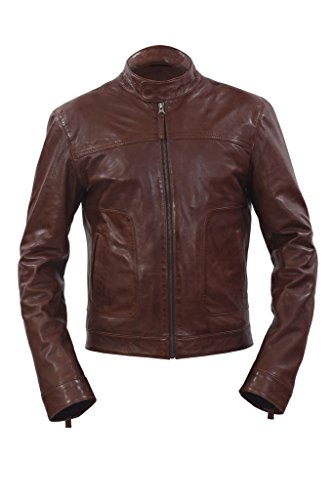 Infinity Chaqueta de Cuero Nueva Marron Retro del Motorista de Piel de Cordero de los Hombres Slim Fit XS