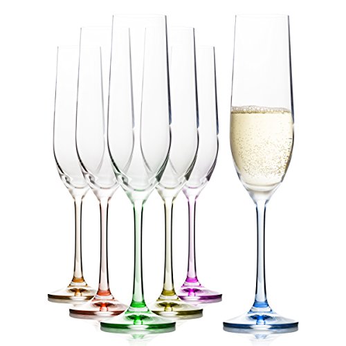 Juego de 6 copas de champán decoradas con cristal arcoíris de colores, perfectas para champán, Prosecco y Mimosas, 100% sin plomo, 190 ml