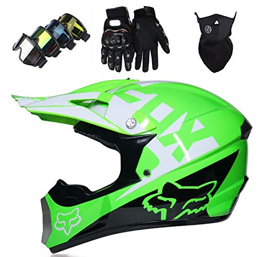 LCRAKON Casco Moto Niño, MJH-01 Cascos de Motocross de Moto,Enduro,Descenso,Full Face para Hombre, Casco de Carreras Dot Aprobado,Casco Motocross Infantil con Diseño de Fox - Verde