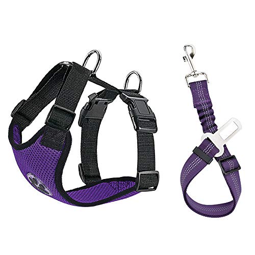 Lukovee Arnés ajustable para perros con cinturón de seguridad, malla de látex transpirable, chaleco de viaje, cinturón de seguridad para coche, arnés de seguridad (L, arnés y cinturón (lila))