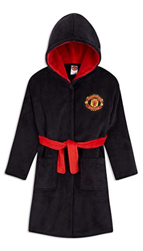 Manchester United F.C. Bata Forro Polar Niño, Albornoz Niño con Capucha y Cinturon, Batas de casa para Niños Oficiales, Regalos para Niños y Adolescentes (Negro, 7-8 años)