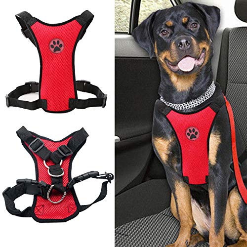 Maso - Arnés de seguridad para perros con arnés de malla ajustable para cinturón de seguridad de coche, con clip de cinturón de seguridad para viajes, uso diario, caminatas de viaje, etc. (L, rojo)