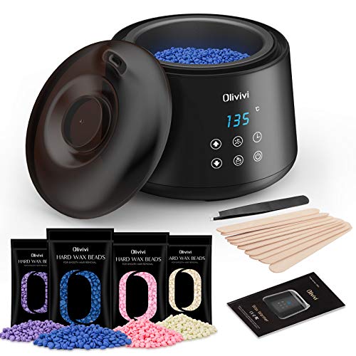 Olivivi Calentador Cera Depilatoria Eléctrica - Fundidor Cera Profesional con Pantalla Táctil y Bote Antiadherente 500ml, Depilación Cera Natural 4*100g y 20 Palos para Brazos, Axilas, Piernas, Salón