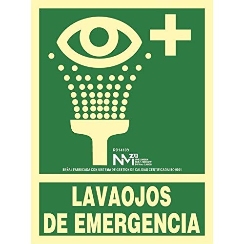 RD14109 - Señal Luminiscente Lavaojos De Emergencia Clase B PVC 0,7mm 22,4x30cm con CTE, RIPCI Nueva Legislación