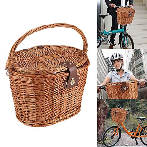 SUNASQ Cesta delantera para bicicleta de mimbre, cesta de picnic con tapa, asa para llevar