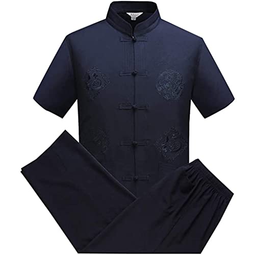 Traje Tang Hombres Chino tradicional, Kung Fu Ropa Algodón Lino Traje de Tai Chi Camisa de Kung Fu Uniforme de meditación Camisa de manga corta Hanfu Abrigo Tops y pantalones (2XL,B)