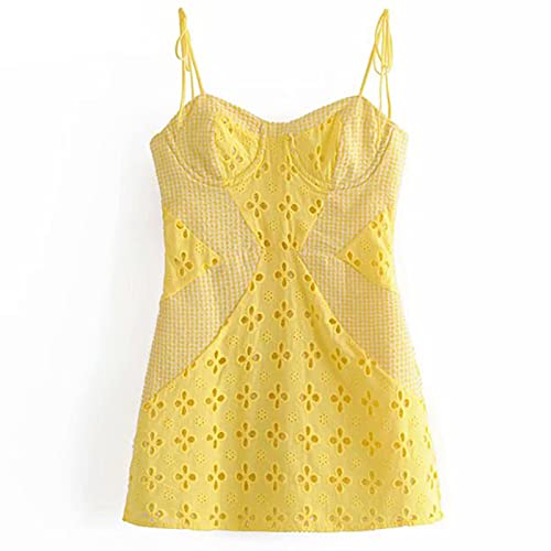 Vestido de mujer con ribete de encaje amarillo y correa de espagueti bodycon con mini vestido romántico de dama sin espalda sin mangas para fiesta club