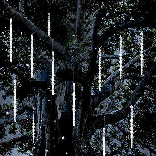 Vikdio Lluvia de Meteoros Luces de lluvia, 30cm 10 Tubos de Espiral 300 LEDs Nieve Caída Luces de Cuerda para la Boda Árbol de Navidad Decoración del Hogar, Soporte 3 Juegos Gancho (Blanco)