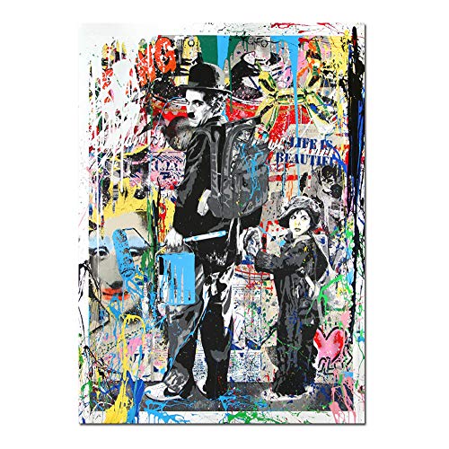 ZSLMX Arte Pop Moderno Lienzo De Pintura Charlie Chaplin Colorido Graffiti Banksy LáMinas ArtíSticas El NiñO Pintura Al óLeo Arte Moderno La Pared Posters Living Room Decor Kids para El Hogar,20x30cm