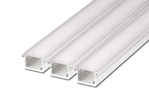 3 x 2 m FUCHS Perfil de LED Perfil de instalación estrecha (15,7 x 10 mm) Tira de LED para tiras de LED, aluminio anodizado plata acero inoxidable incl. cubierta (blanco lechoso)