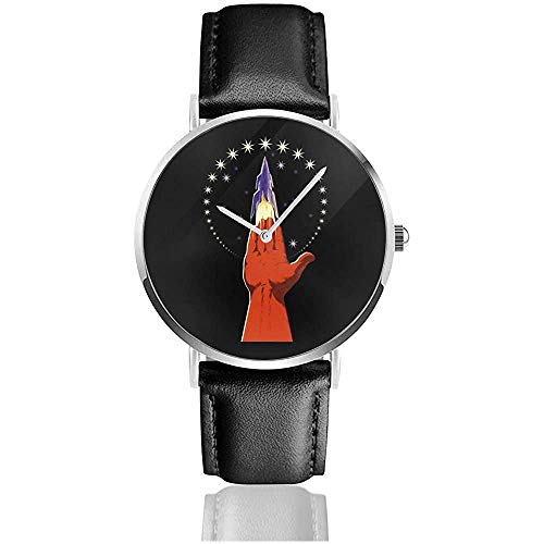 Alcance para el Reloj de Cuero de Cuarzo de The Stars Watches con Correa de Cuero Negro para Regalo de colección