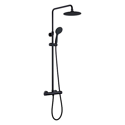 Conjunto de ducha termostático negro mate redonda. Tubo regulable en Altura de 83 a 120 cm. Incluye grifo termostático, maneral, flexo y barra negra telescópica Conjunto de ducha termostático negro mate redonda. Tubo regulable en Altura de 83 a 120 cm. Incluye grifo termostático, maneral, flexo y barra negra telescópica