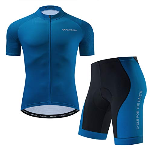 Conjunto de maillot de ciclismo Iogas para hombre, camiseta de manga corta y pantalón de bicicleta de montaña con asiento acolchado, monocolor, Hombre, azul pavo real, medium