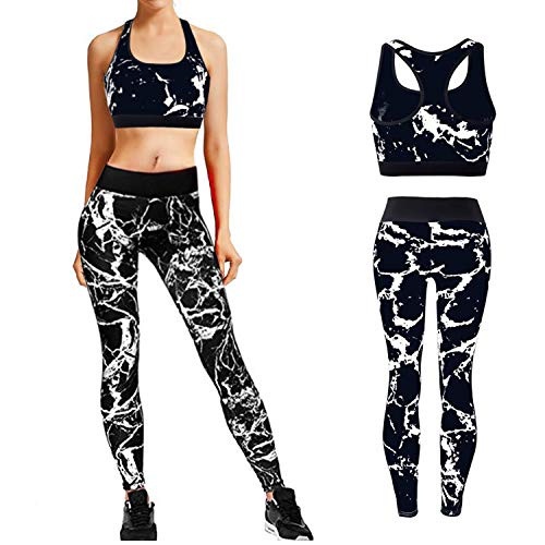 Conjunto Ropa Deportiva Mujer Fitness Chandal 2 Piezas Estampada Sujetador Crop Top y Mallas Leggings Conjunto de Ropa de Deporte Yoga Set Sportwear para Gym Running Pilates Fitness (Negro, S)