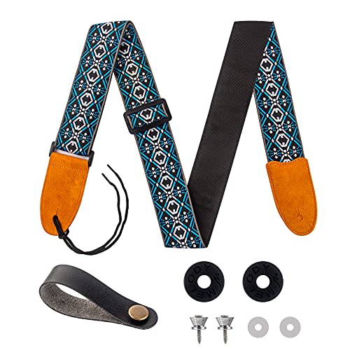 Correa de Guitarra Bordada KQJ, Ajustable Correa Guitarra de Algodón con Tejido Jacquard para Guitarra Acústico/Eléctrico/Clásica, Bajo, Ukelele