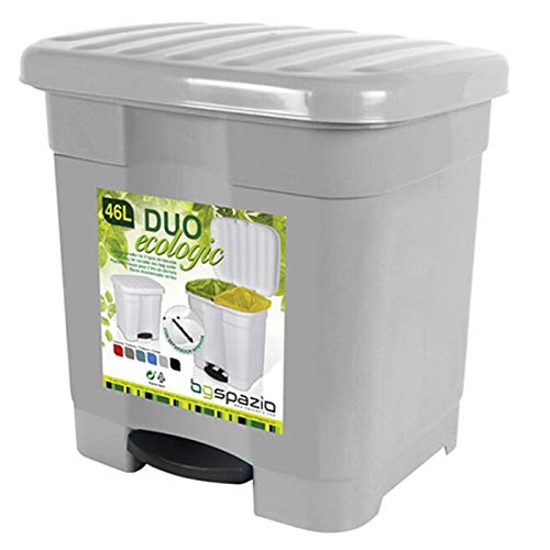 Cubo de Basura Pedal 2 compartimiento 46 litro Plástico 45 x 41 x 47 cm ,Contenedor de basura 2 Divisiones Interiores multicolores (Gris)
