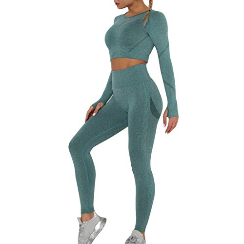 Dihope Conjunto Deportivo para Mujer 2 Piezas Top Corto de Manga Larga de Running Pantalones de Cintura Alta Elásticos Leggings de Fitness sin Costuras para Yoga Gimnasio Trotar，Verde Oscuro，S