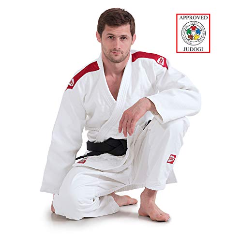 GreenHill Judogi Professional Aprobado IJF Judo Gi Homologado Uniforme Blanco Azul Kimono Nuevo Fitting Unisex (Blanco con Banda en los Hombros Color Rojo, 160 Slim Fit)