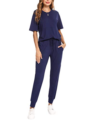 Irevial Conjunto Chandal Mujer Verano Conjunto de Camiseta de Manga Corta y Pantalones con Cordón y Bolsillo Ropa Deportiva 2 Piezas Primavera para Fitness Azul Real , XL