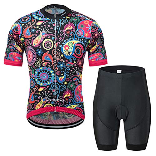 Jersey de Ciclismo para Hombre Trajes de Verano de Manga Corta Patrón de Flores Vintage Pro Deporte al Aire Libre Racing Ropa Deportiva Transpirable Conjunto de Ropa de Montar de Secado rápido,B,XXL