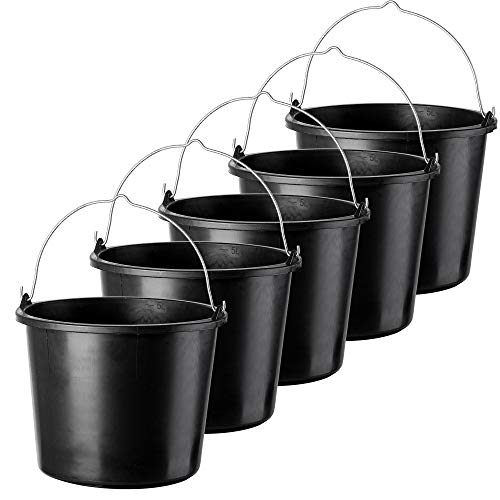 KADAX Cubo de plástico de 5 l, para jardín y obras, cubo con asa de metal, cubo de agua, cubo de cemento con borde de riego, resistente, negro (5)