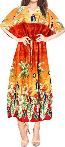 LA LEELA Mujeres caftán túnica Impreso Kimono Libre tamaño Largo Maxi Vestido de Fiesta para Loungewear Vacaciones Ropa de Dormir Playa Todos los días Cubrir Vestidos Calabaza Naranja_D657