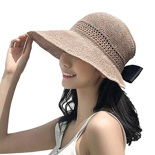 Lazzon Mujer Sombrero Sol de Paja Verano Playa Pamelas Raffia Protección ala Ancha UV Gorro Plegable con Bowknot