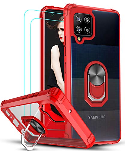 LeYi Funda para Samsung Galaxy A42 5G (NO para 4G) con [2-Unidades] Cristal Vidrio Templado,Transparente Carcasa con 360 iman Soporte Silicona Bumper Antigolpes Armor Case para A42 5G,Clear Rojo