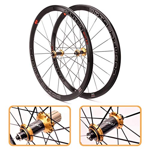 LJP 700C Juego Ruedas Bicicleta Carretera aleación Aluminio Ultraligera 120 Anillos Carbono Borde Sellado 40 mm rodamiento Fibra Cubo Colores Reflectante Juego Ruedas for (Freno V/C) (Color : Gold)