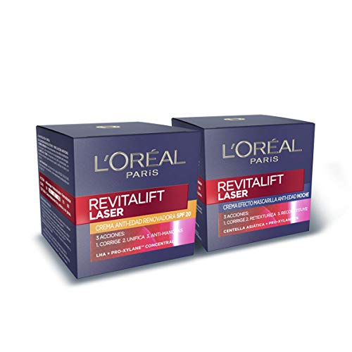 L'Oréal Paris Revitalift Láser Set de Crema de Día con Protección Solar SPF 20 y Crema de Noche Anti-Edad, Triple Acción y Antiarrugas, 50 ml cada una
