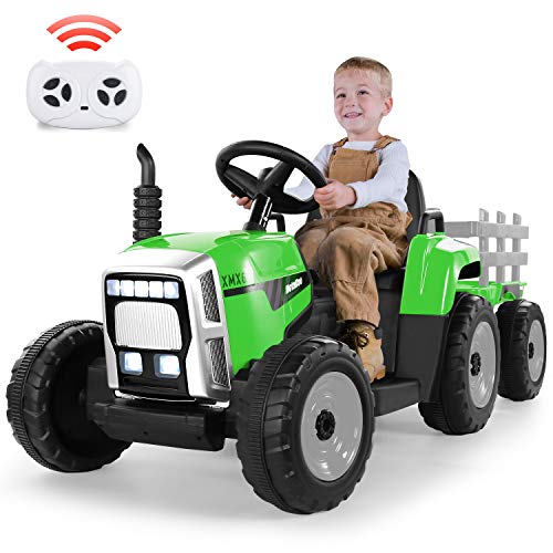 METAKOO Tractor Eléctrico con Remolque, Vehículo Eléctrico de Batería 12V 7Ah para Niños, Control Remoto 2.4G, 2+1 Cambio de Marchas, Bocina, Bluetooth, USB, Reproductor MP3, Faros de 7 LED-Verde