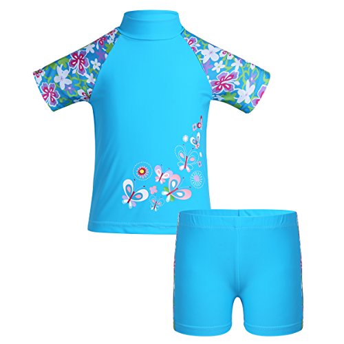 MSemis Traje de Baño Dos Piezas para Niñas Camiseta Mariposas + Bañador Estampado Flores Ropa de Natación Buceo Playa 3-12 Años Azul 3-4 años