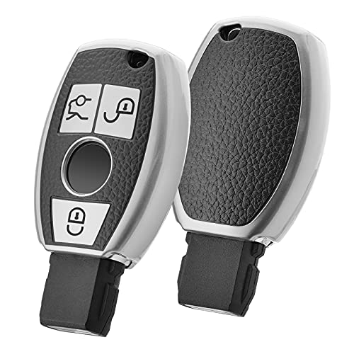 OATSBASF Funda para llave de coche Mercedes Benz W204 W211, 2 – 3 botones sin llave, clase A B C E (cuero plateado) OATSBASF Funda para llave de coche Mercedes Benz W204 W211, 2 – 3 botones sin llave, clase A B C E (cuero plateado)