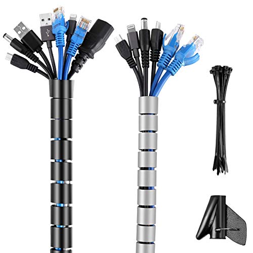 Organizador Cables, AGPTEK Cubre Cables de 2 x 2m, Flexible Funda Protector Cables, Organizador de Cables, Recoge Cables or PC Escritorio en Oficina Familia, Negro y Gris (Ø22mm y Ø16mm)