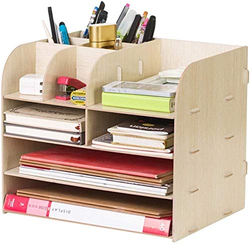 Organizador de escritorio de madera 4 compartimentos, estante con cajones. para guardar libros, periódicos, revistas, bolígrafos, lápices y hojas de papel A4. , color beige