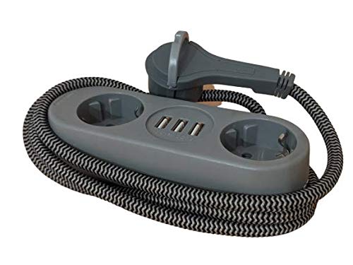 Regleta con enchufe Schuko, giro de 45 grados y cable textil de 1,5 m, enchufe múltiple con conector extra plano, gris (Gris) - SB-122