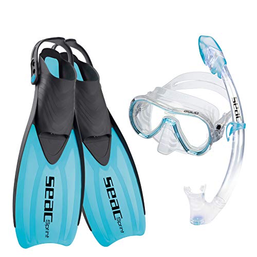 SEAC Set Sprint Dry Conjunto de Snorkeling con máscara de Buceo, esnórquel y Aletas de talón Abierto, para niños, Adultos Unisex, Azul, 45/47