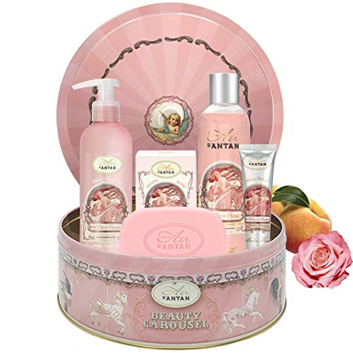 Set Regalo Mujer Rosa, Melocotón, Pachulí: 1 Gel de Ducha 250 ml, 1 Crema Manos 25 ml, 1 Jabón 100 g, 1 Loción Corporal 200 ml/Libre de Parabenos/Hecho en Francia/Regalo Original/Regalo Madre