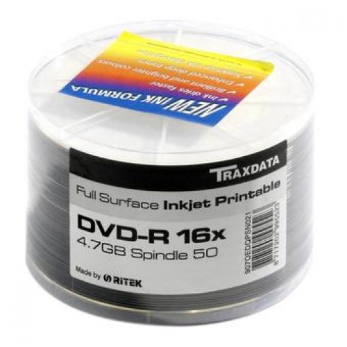Traxdata 907WEDRPSN001 Spindle, Pack de 50 DVD-R (16x, 47 GB/120 min, Printable), Color Blanco