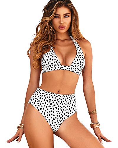 Voqeen Bikini de Cintura Alta para Mujer Conjunto de Cuello Halter Polka Dot Leaves Traje de baño con Estampado de Cuadros Traje de baño de Playa de Verano