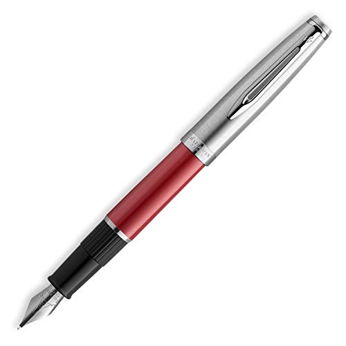 Waterman Emblème pluma estilográfica, color rojo con adorno cromado, plumín medio con cartucho de tinta azul, estuche de regalo