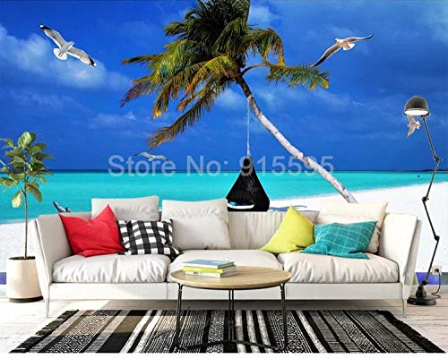 WLLLO Papel pintado mural personalizado playa vista al mar árbol de coco gaviota papel tapiz 3D sala de estar dormitorio, 250x175 cm (98.4 by 68.9 in)
