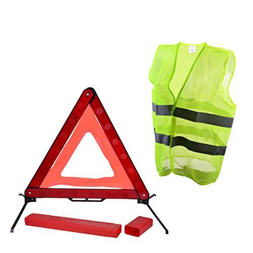 YoungRich Kit de Seguridad de Coche 1x Triángulo Reflectante Placa Triángulo de Emergencia con una Caja de PVC Roja y 1x Chaleco de Seguridad Chaleco Reflectante Fluorescente para la en Bicicleta