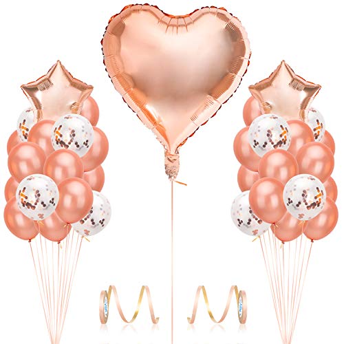 34 globos de oro rosa para decoración de fiestas, incluye 10 globos de oro rosa, 20 globos de confeti, 4 globos de látex con forma de estrella de corazón para bodas, cumpleaños, día de la madre