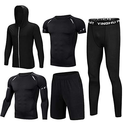 5 Piezas Conjunto de Compresion Hombre, Sudaderas con Capucha,Camisetas Compression,Mallas,Pantalon Corto Deporte para Running Fitness Entrenamiento Negro Negro-Neto M