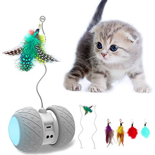 AONKEY El Juguete Interactivo para Gatos con Plumas, Juguete de Bola Luminoso LED de Movimiento Irregular Automático para Gatos, Adecuado para Alfombra/Piso, Baterías de Gran Capacidad, Carga USB