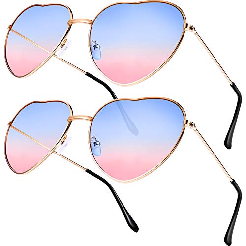 Boao 2 Pares de Gafas de Sol de Marco en Forma de Corazón en Estilo Hippy para Accesorio de Disfraz de Hippie, Marco Dorado Rosa (Lente Azul a Rosa Gradiente)