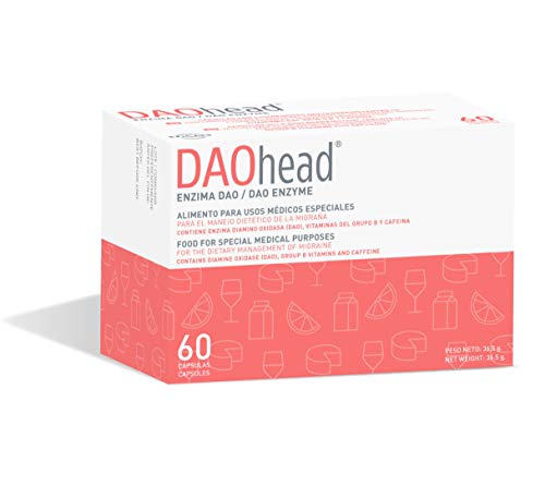 DAOhead – Manejo Dietético de la Migraña Causada por déficit de DAO/Intolerancia a la histamina - 60 Cápsulas EFICAPS con Comprimidos Gastrorresistentes – Enzima DAO, Vitamina B6, B9, B12 y Cafeína