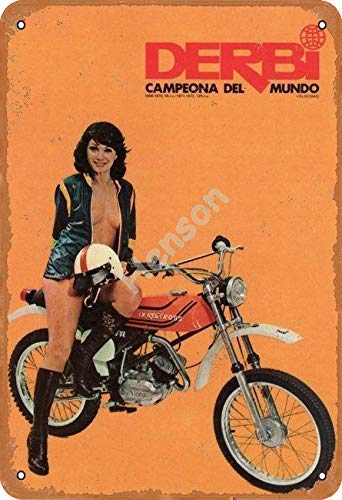 Derbi Campeona del Mundo Motorcycle Hot Girl Cartel de Hierro Oxidado Decorado con Pintura artística en Placa de estaño Antigua en Placa de Aluminio